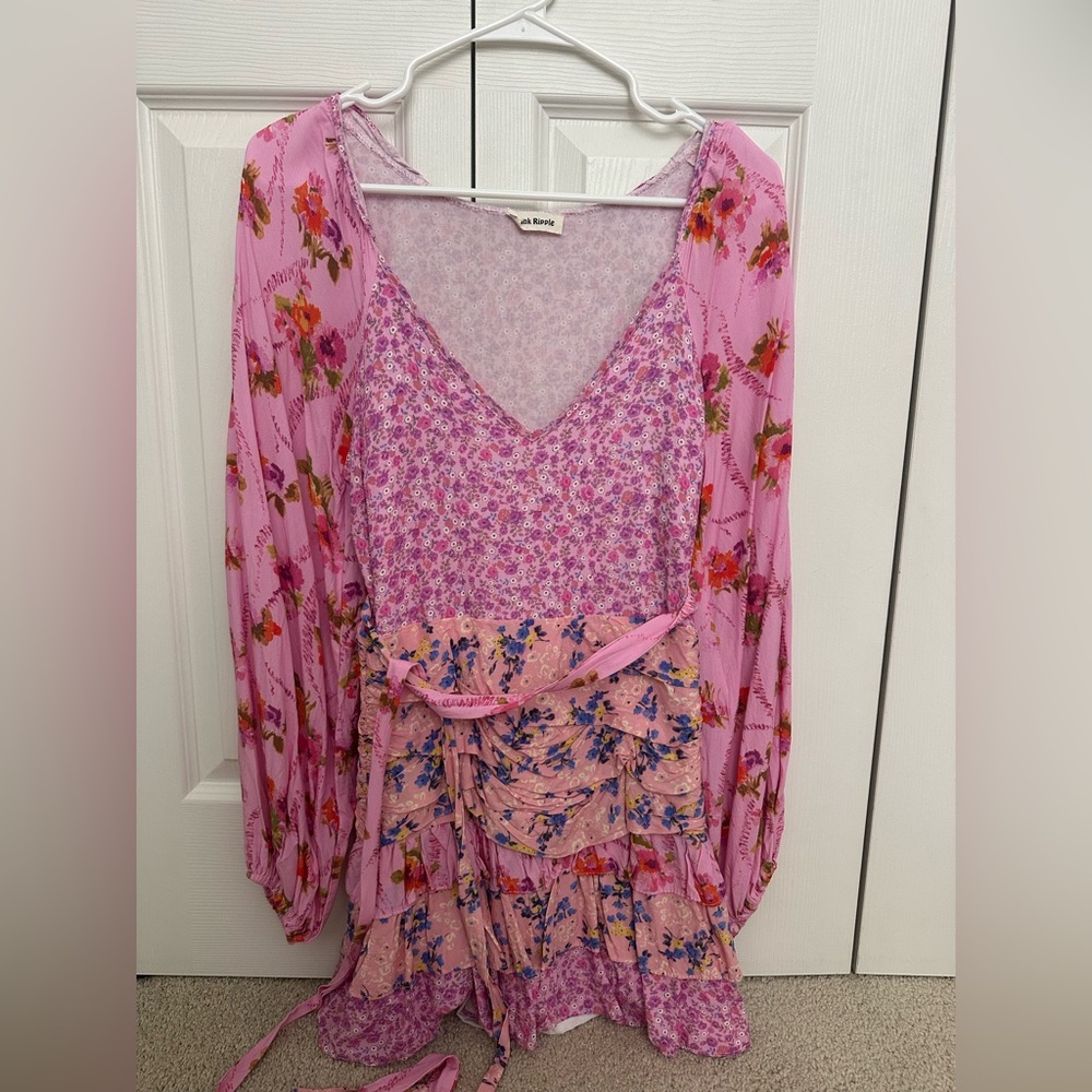 Pink Ripple Floral Pink Mini Dress with Tie